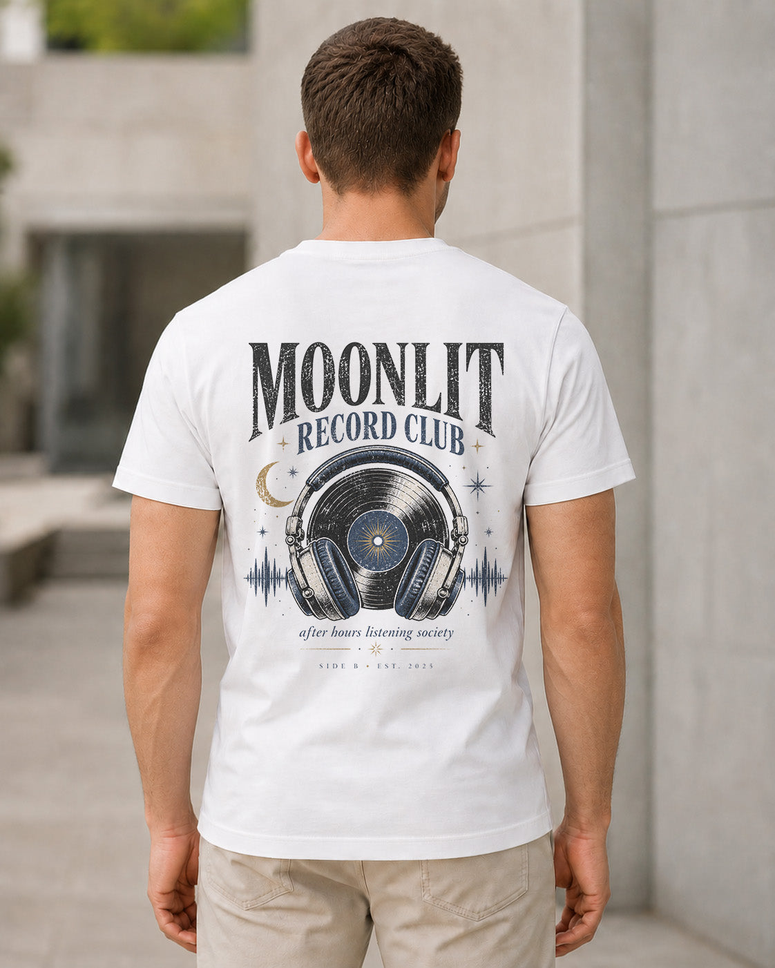 Moonlit Record Club T-Shirt – Bio-Baumwolle Shirt Weiss, Rückenprint