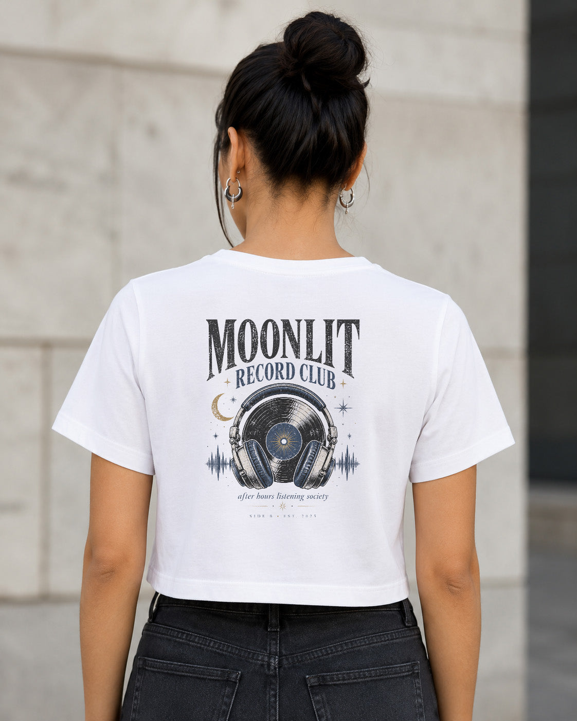 Moonlit Record Club T-Shirt – Frauen Crop Shirt Weiss, Rückenprint