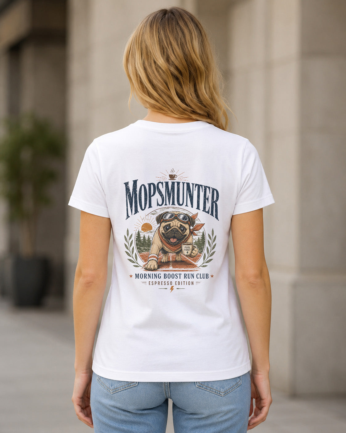 Mopsmunter T-Shirt – Frauen Shirt Weiss, Rückenprint