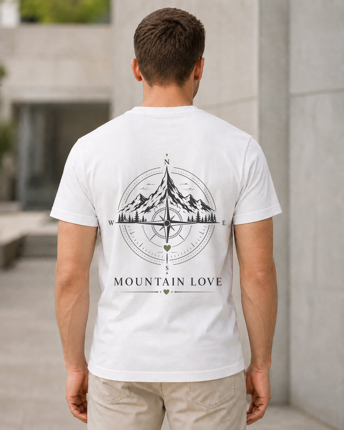 Mountain Love Compass T-Shirt – Bio-Baumwolle Shirt Weiss, Rückenprint