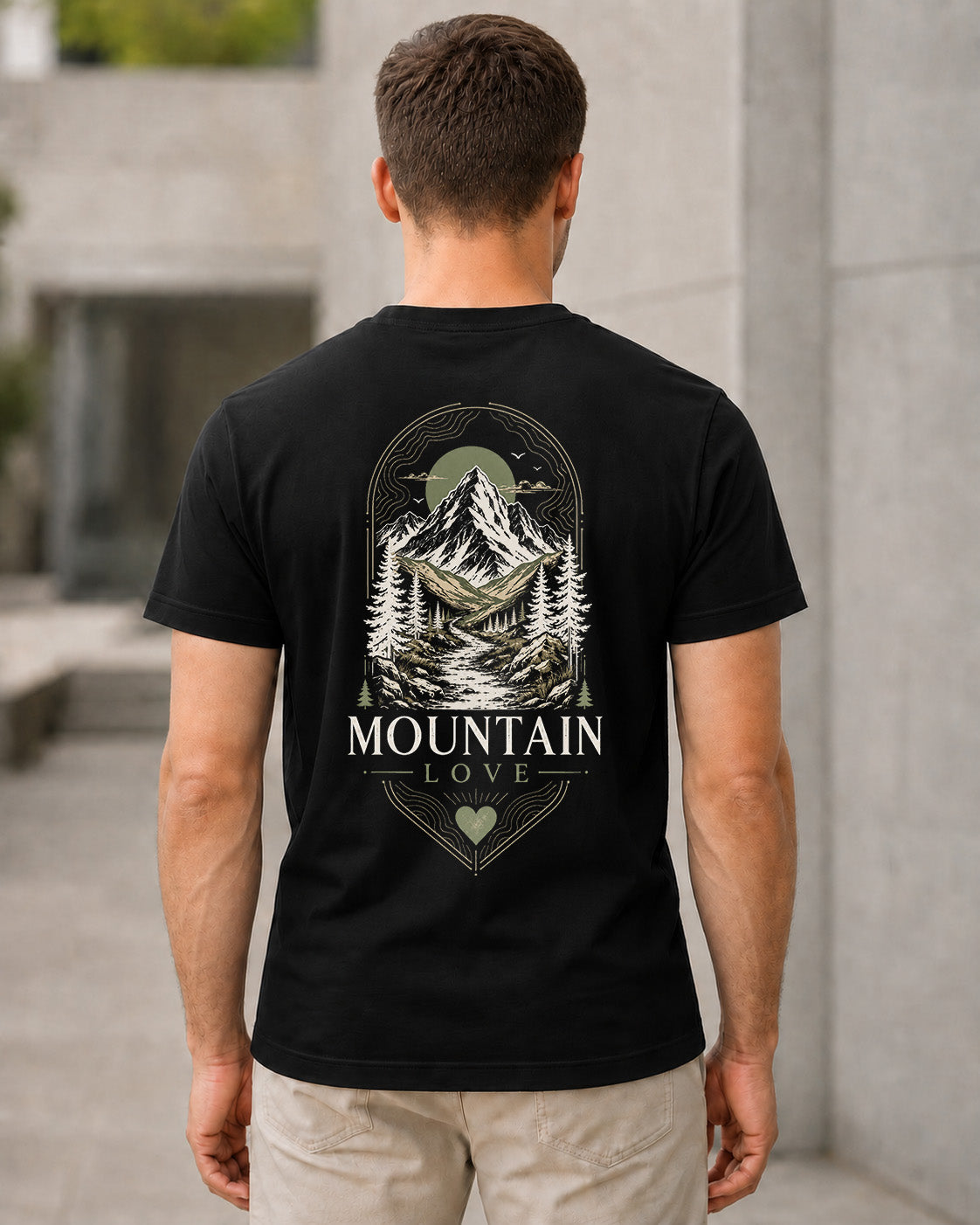 Mountain Love Frame T-Shirt – Bio-Baumwolle Shirt Schwarz, Rückenprint