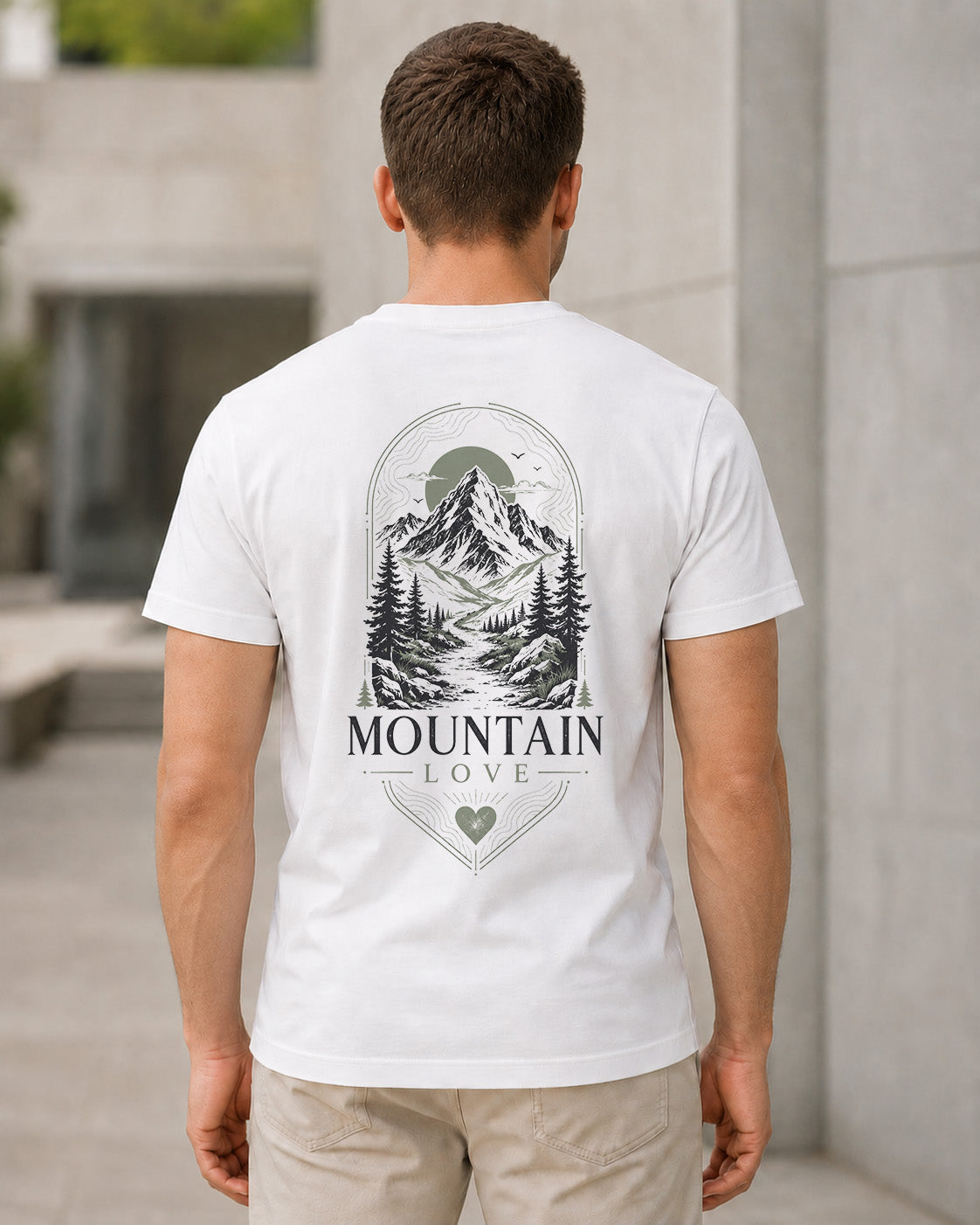 Mountain Love Frame T-Shirt – Bio-Baumwolle Shirt Weiss, Rückenprint