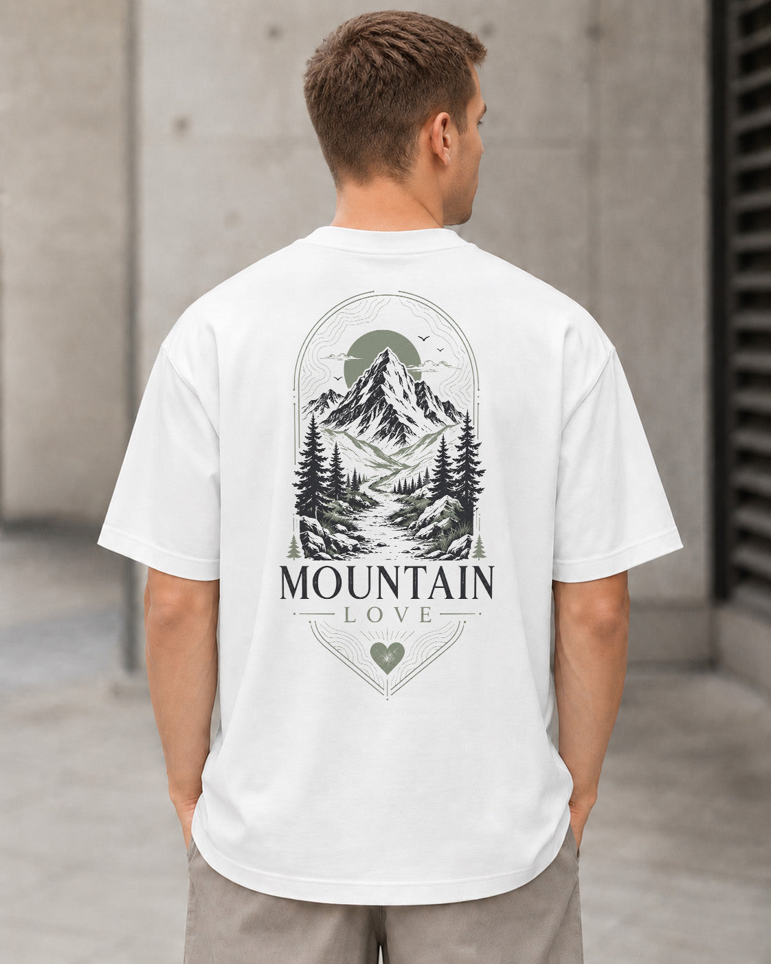 Mountain Love Frame T-Shirt – Heavyweight Oversize Shirt Weiss, Rückenprint