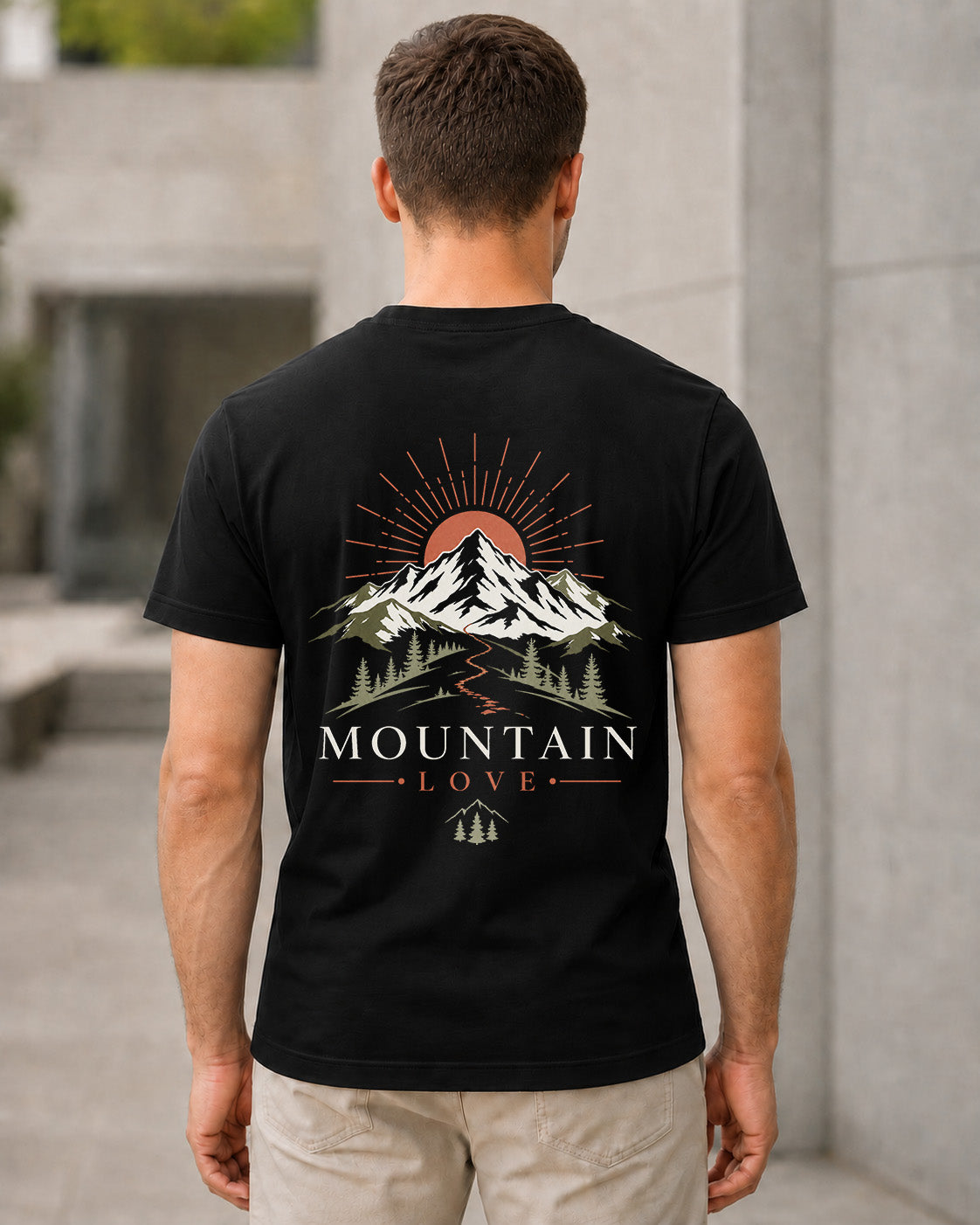 Mountain Love Sunrise T-Shirt – Bio-Baumwolle Shirt Schwarz, Rückenprint