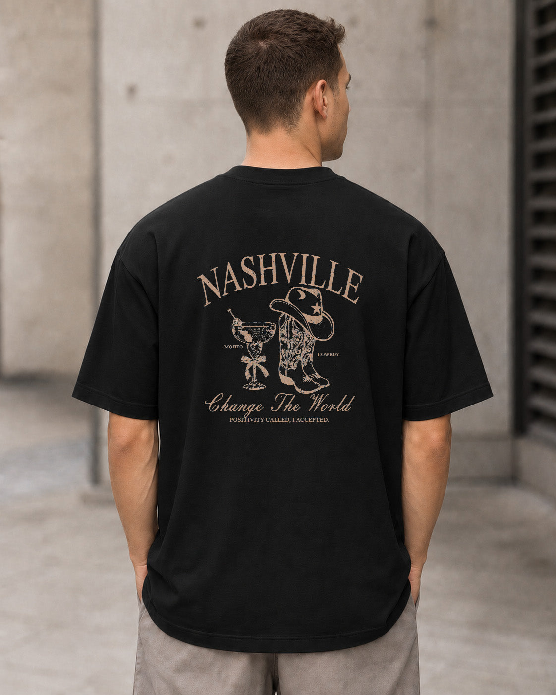 Nashville T-Shirt – Heavyweight Oversize Shirt Schwarz, Rückenprint
