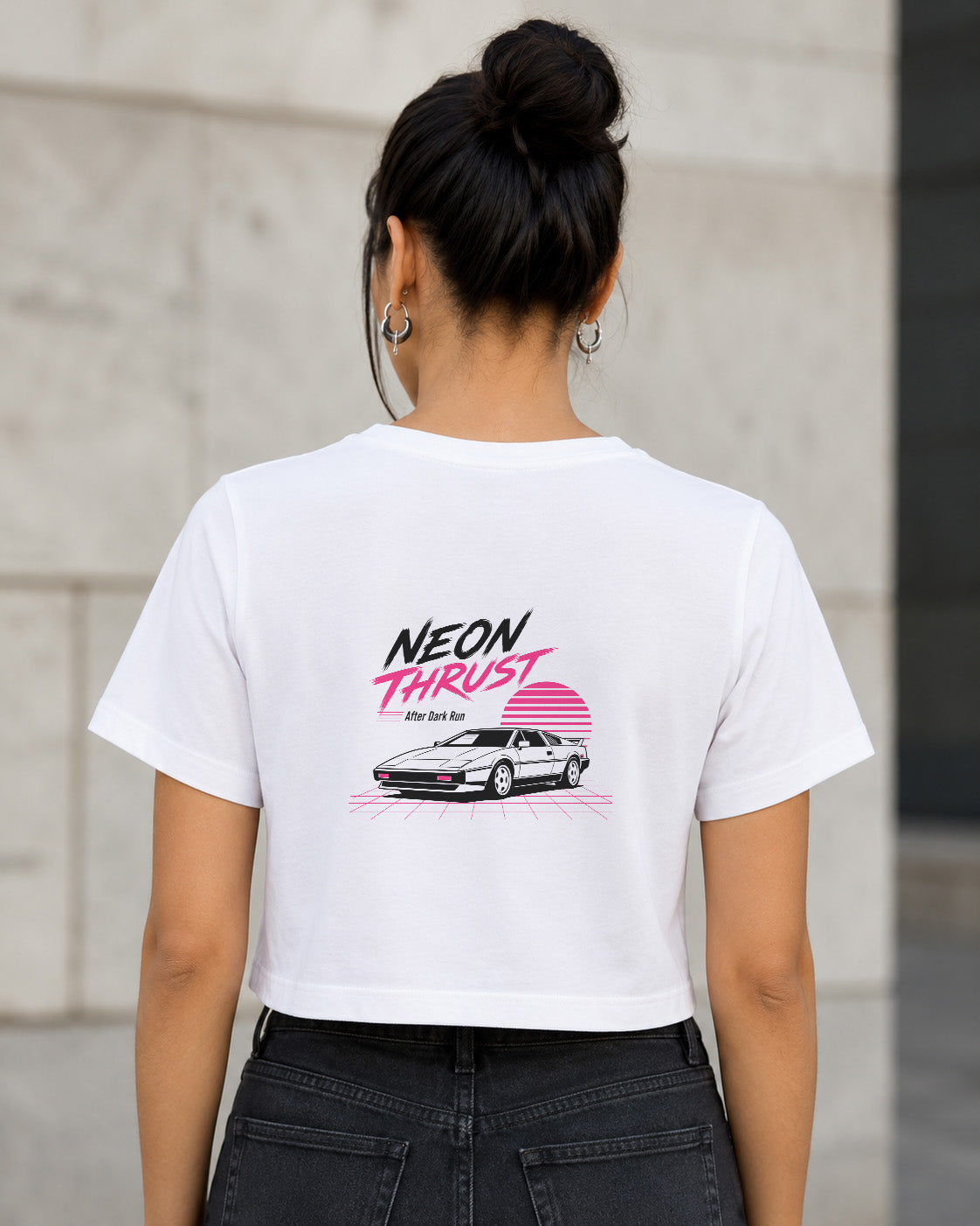 Neon Thrust T-Shirt – Frauen Crop Shirt Weiss, Rückenprint
