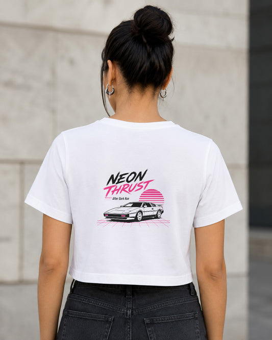 Neon Thrust T-Shirt – Frauen Crop Shirt Weiss, Rückenprint