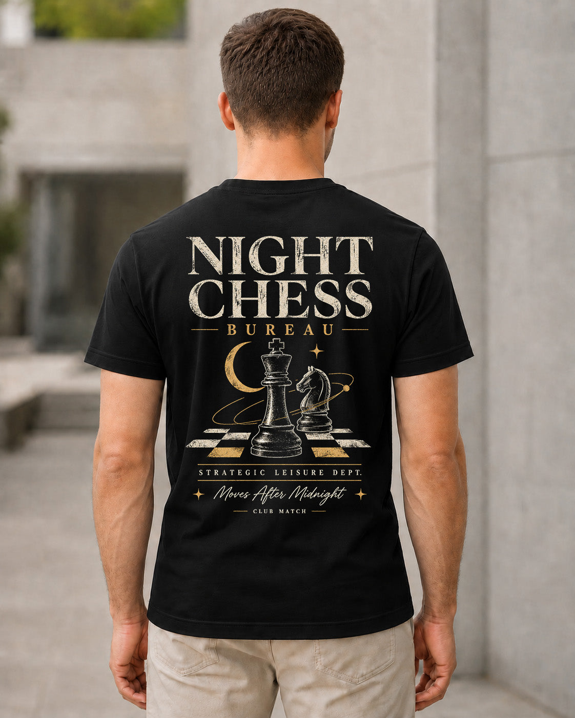 Night Chess Bureau T-Shirt – Bio-Baumwolle Shirt Schwarz, Rückenprint