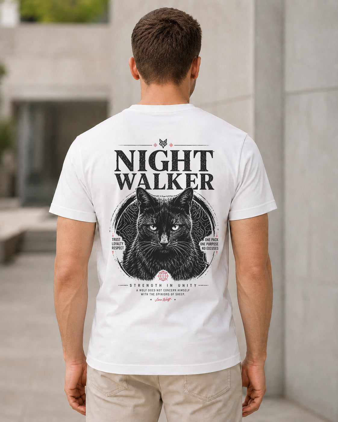 Night Walker T-Shirt – Bio-Baumwolle Shirt Weiss, Rückenprint