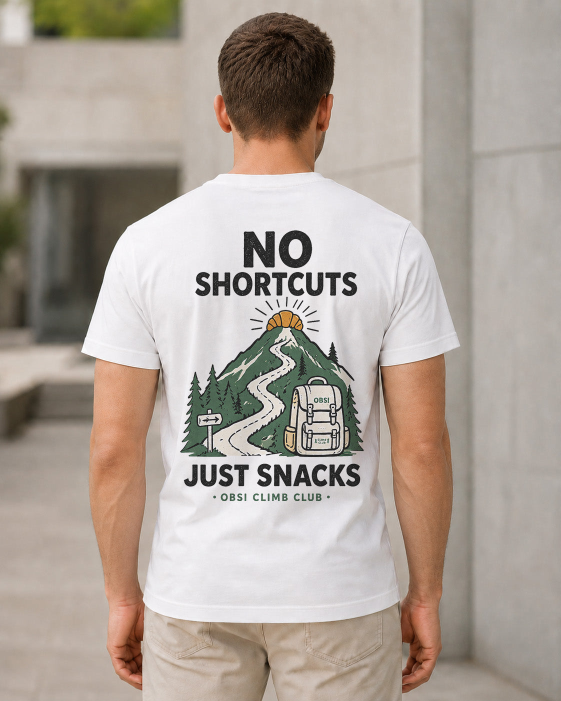 No Shortcuts Just Snacks T-Shirt – Bio-Baumwolle Shirt Weiss, Rückenprint