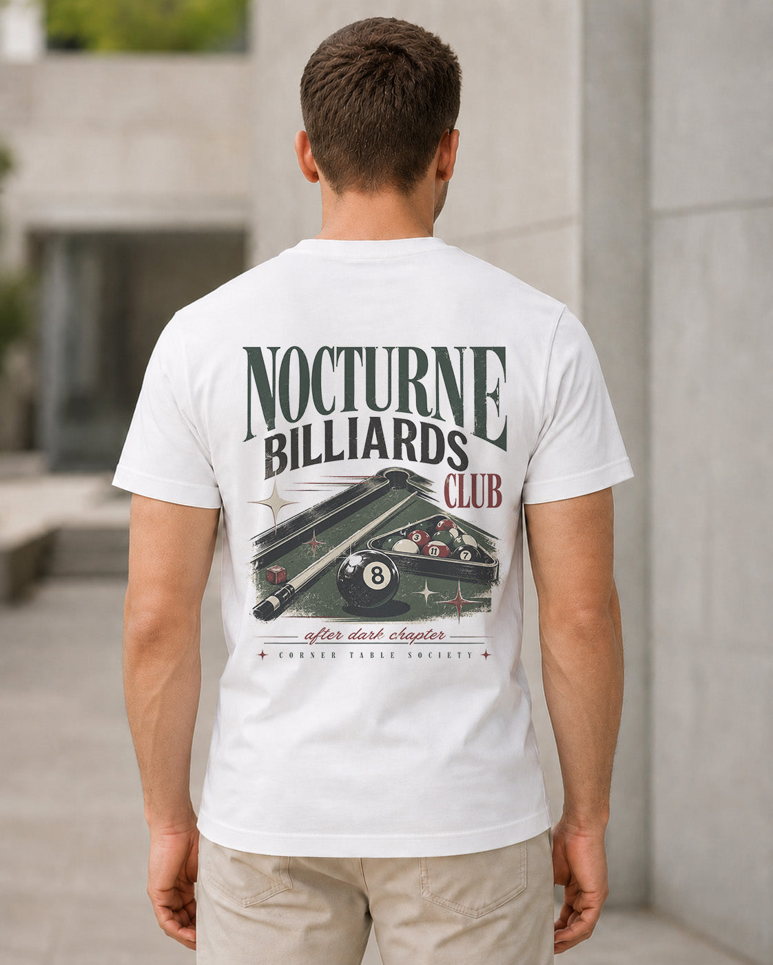 Nocturne Billiards Club T-Shirt – Bio-Baumwolle Shirt Weiss, Rückenprint