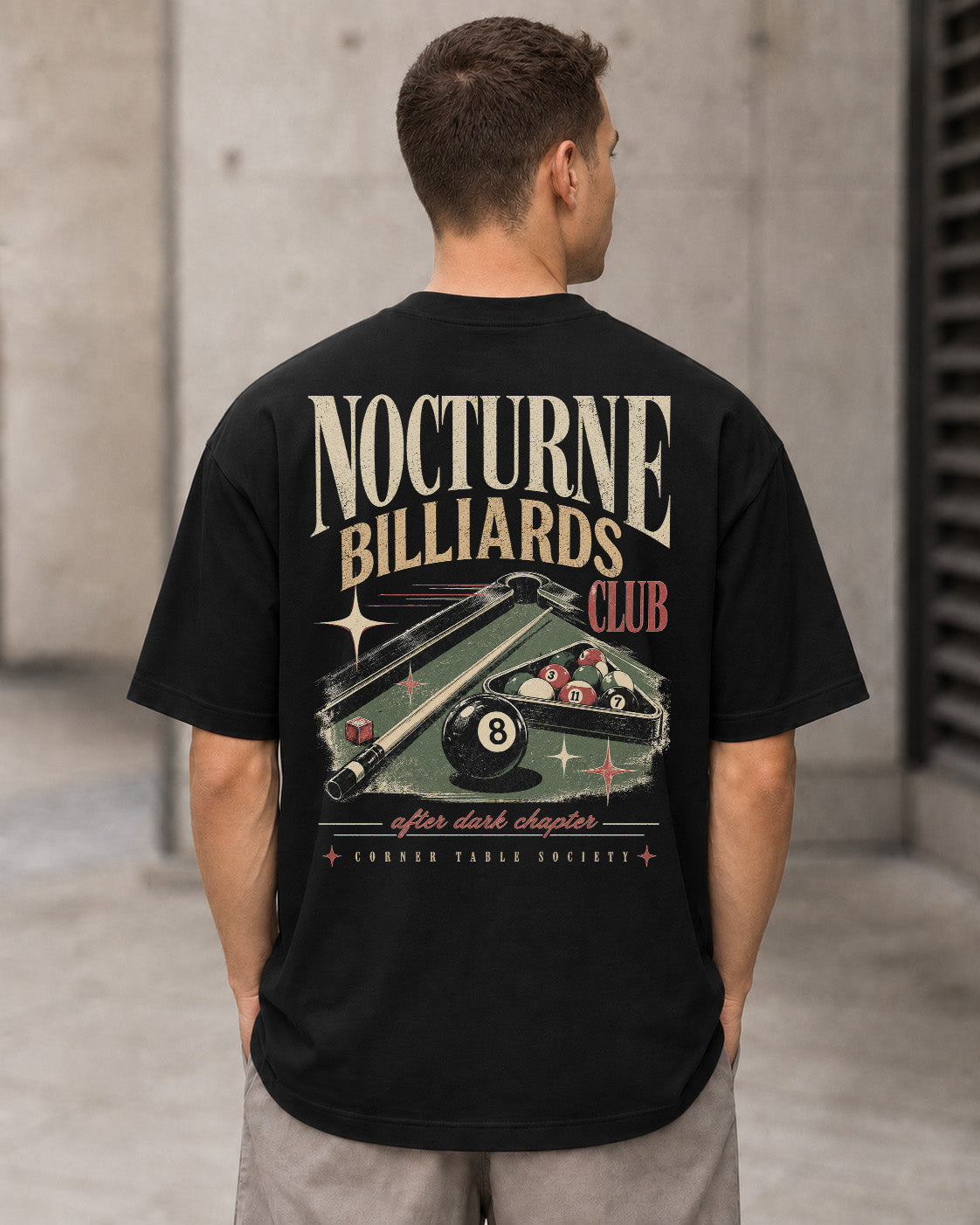 Nocturne Billiards Club T-Shirt – Heavyweight Oversize Shirt Schwarz, Rückenprint