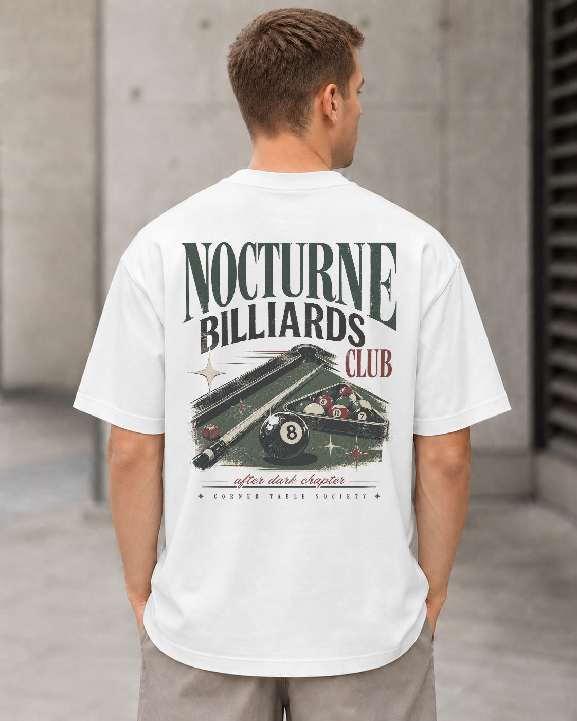 Nocturne Billiards Club T-Shirt – Heavyweight Oversize Shirt Weiss, Rückenprint