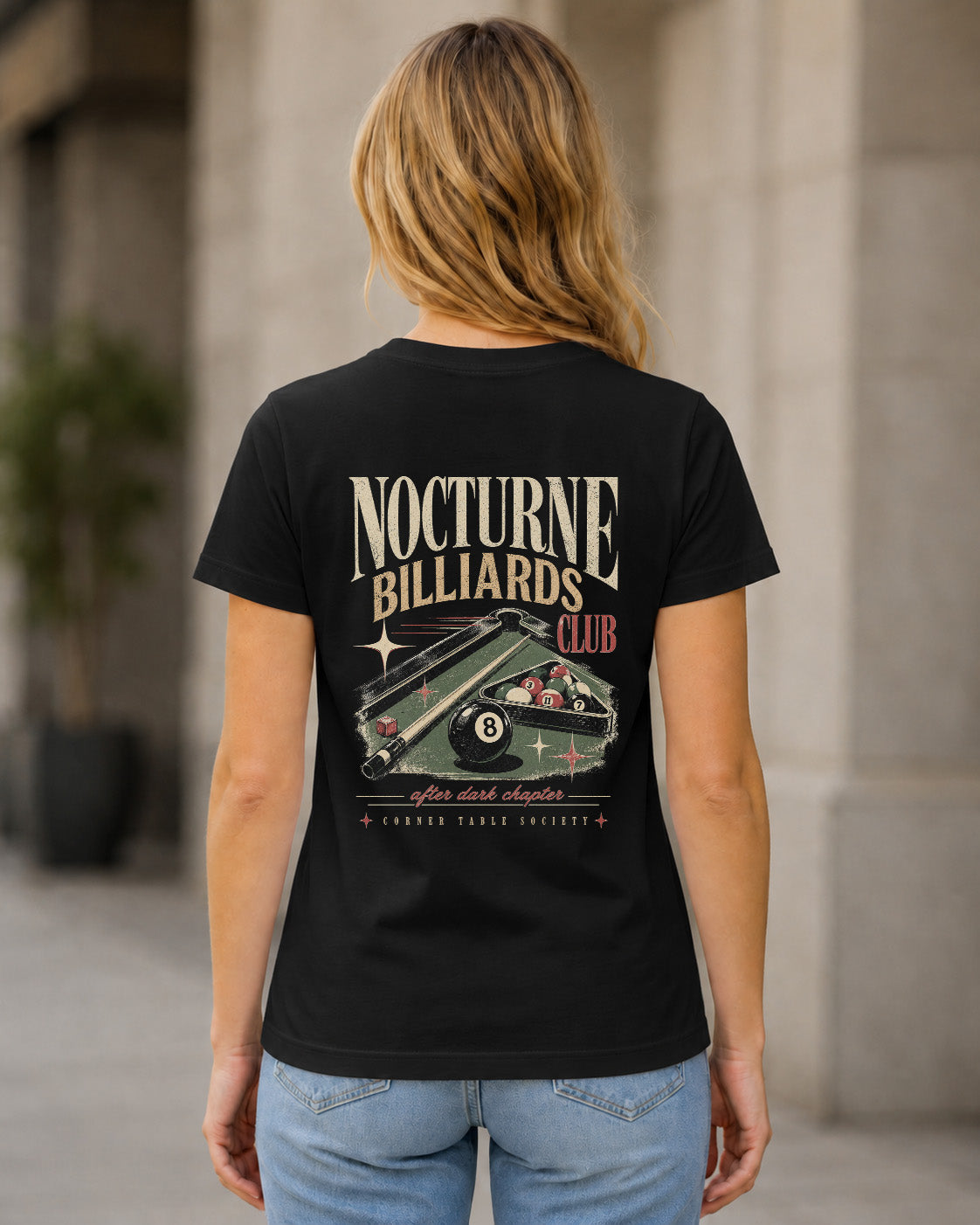 Nocturne Billiards Club T-Shirt – Frauen Shirt Schwarz, Rückenprint
