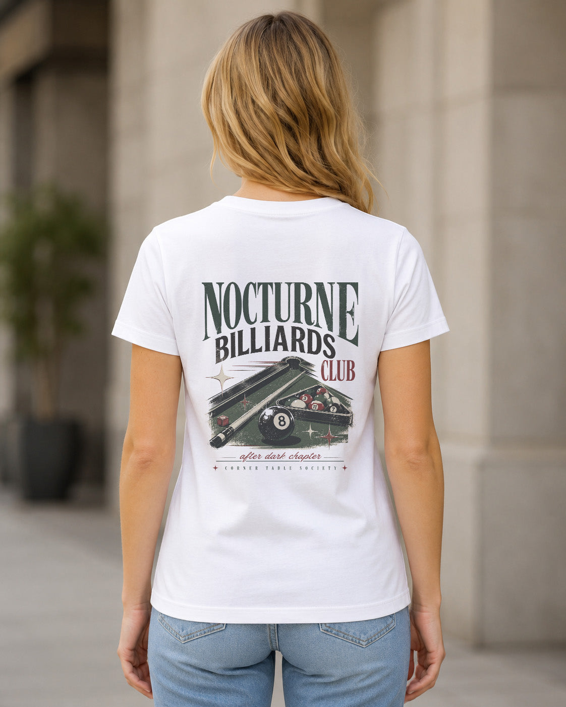 Nocturne Billiards Club T-Shirt – Frauen Shirt Weiss, Rückenprint