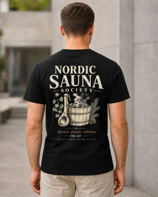 Nordic Sauna Society T-Shirt – Bio-Baumwolle Shirt Schwarz, Rückenprint