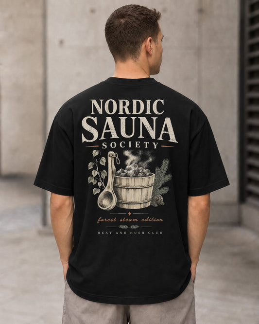 Nordic Sauna Society T-Shirt – Heavyweight Oversize Shirt Schwarz, Rückenprint