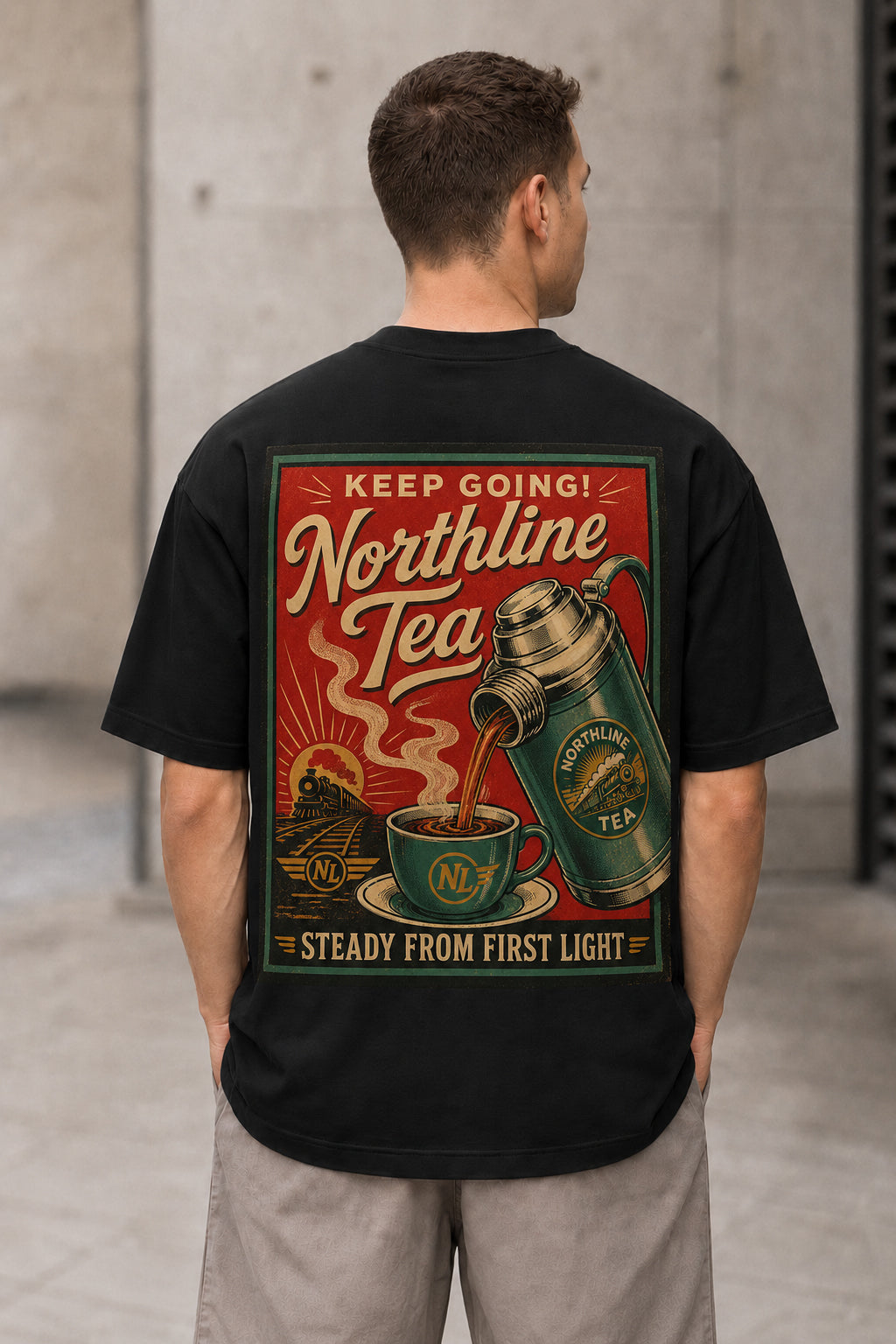 Northline Tea T-Shirt – Heavyweight Oversize Shirt Schwarz, Rückenprint