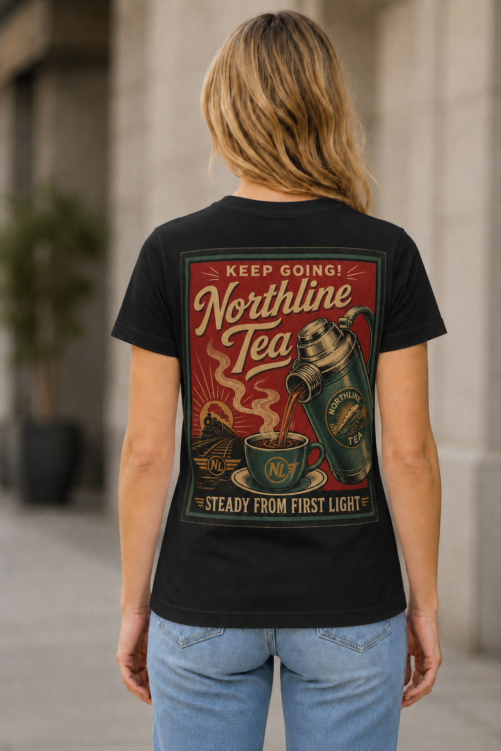 Northline Tea T-Shirt – Frauen Shirt Schwarz, Rückenprint