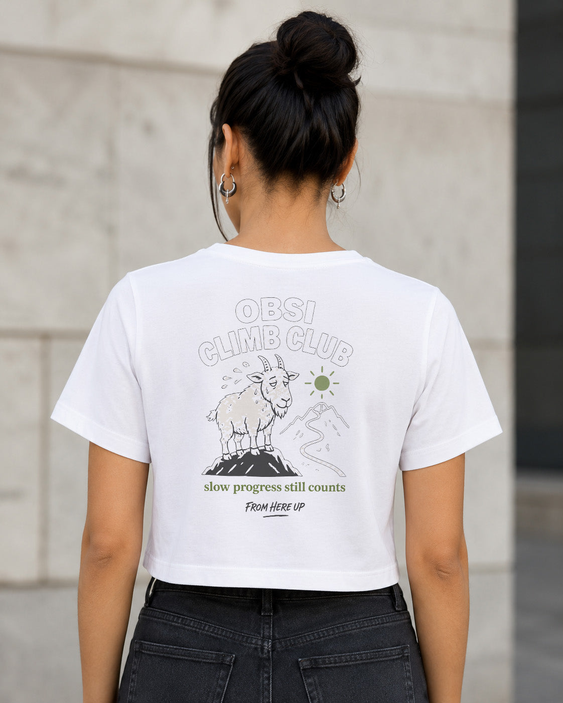 OBSI Climb Club T-Shirt – Frauen Crop Shirt Weiss, Rückenprint