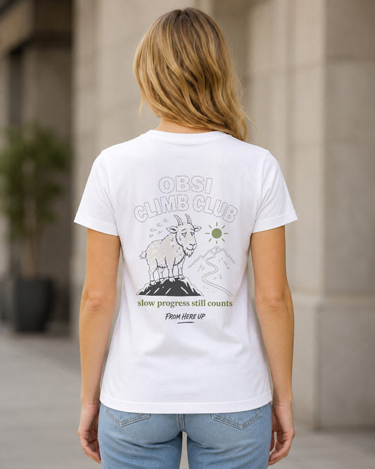 OBSI Climb Club T-Shirt – Frauen Shirt Weiss, Rückenprint