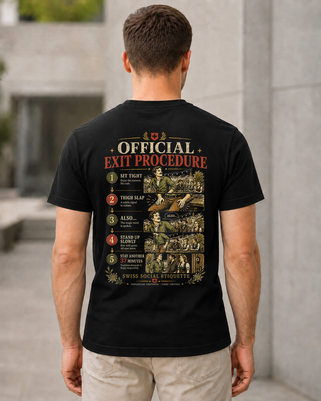 Official Exit Procedure T-Shirt – Bio-Baumwolle Shirt Schwarz, Rückenprint