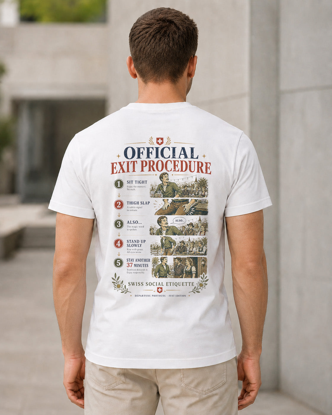 Official Exit Procedure T-Shirt – Bio-Baumwolle Shirt Weiss, Rückenprint