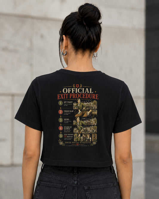 Official Exit Procedure T-Shirt – Frauen Crop Shirt Schwarz, Rückenprint