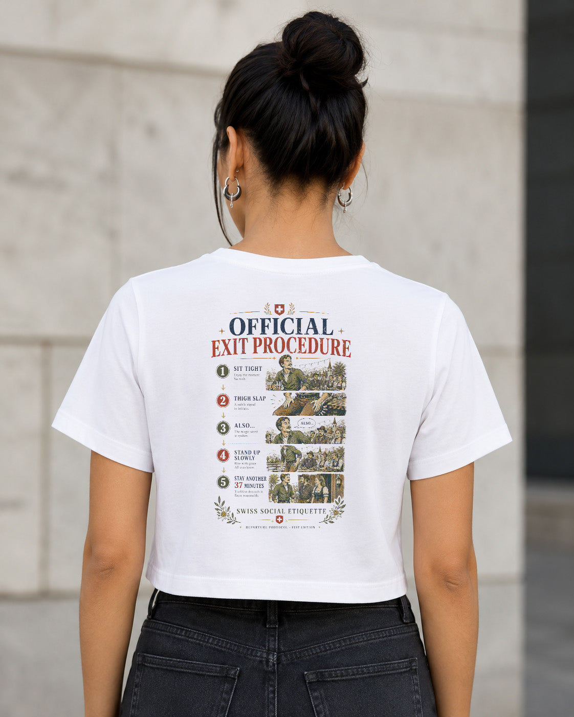 Official Exit Procedure T-Shirt – Frauen Crop Shirt Weiss, Rückenprint