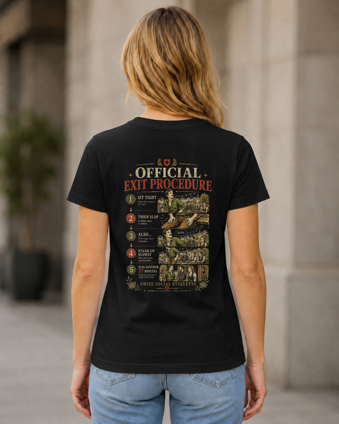 Official Exit Procedure T-Shirt – Frauen Shirt Schwarz, Rückenprint