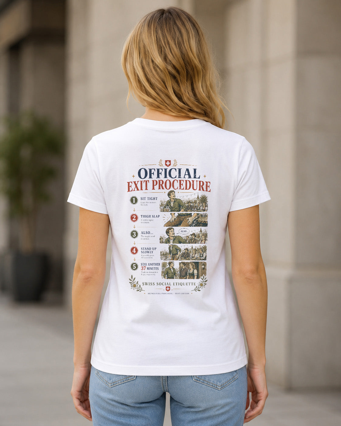 Official Exit Procedure T-Shirt – Frauen Shirt Weiss, Rückenprint