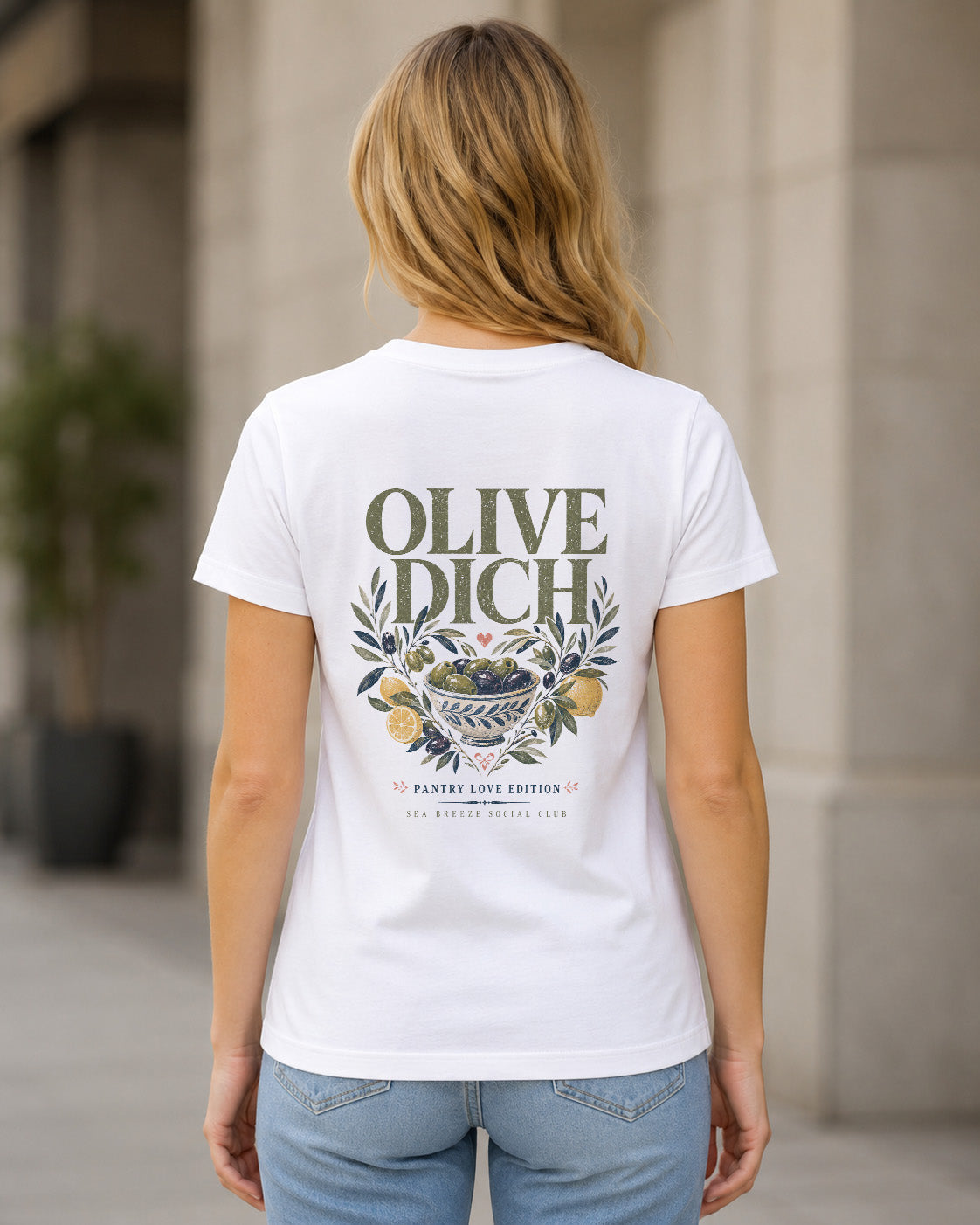 Olive Dich T-Shirt – Frauen Shirt Weiss, Rückenprint