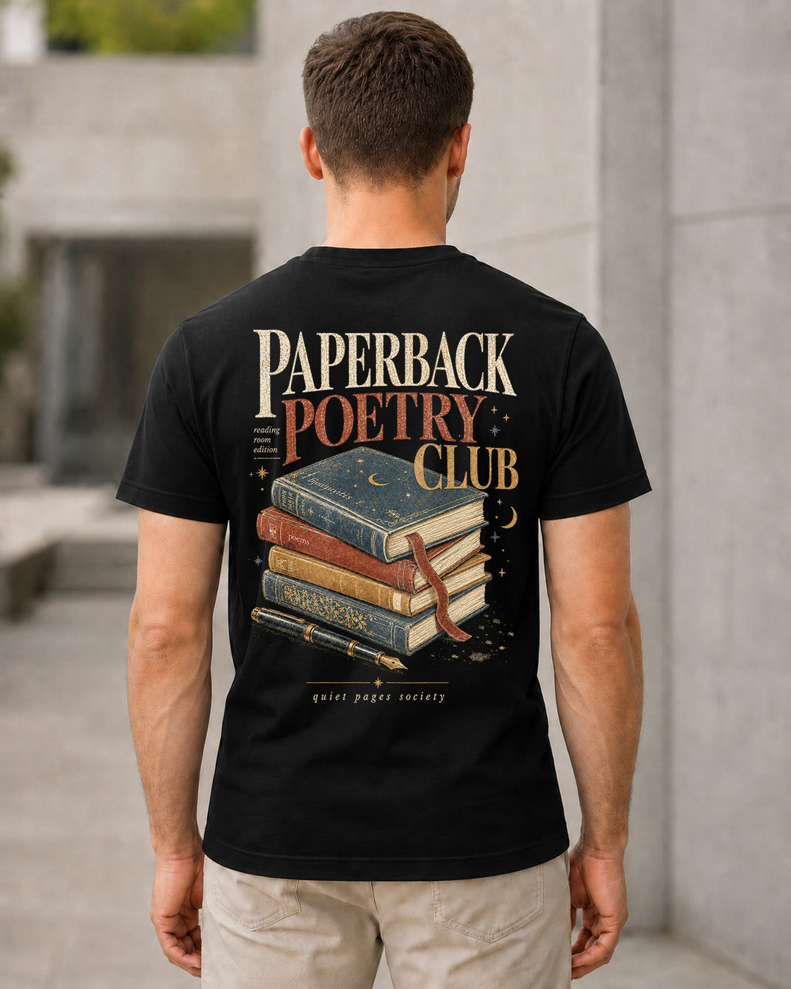 Paperback Poetry Club T-Shirt – Bio-Baumwolle Shirt Schwarz, Rückenprint