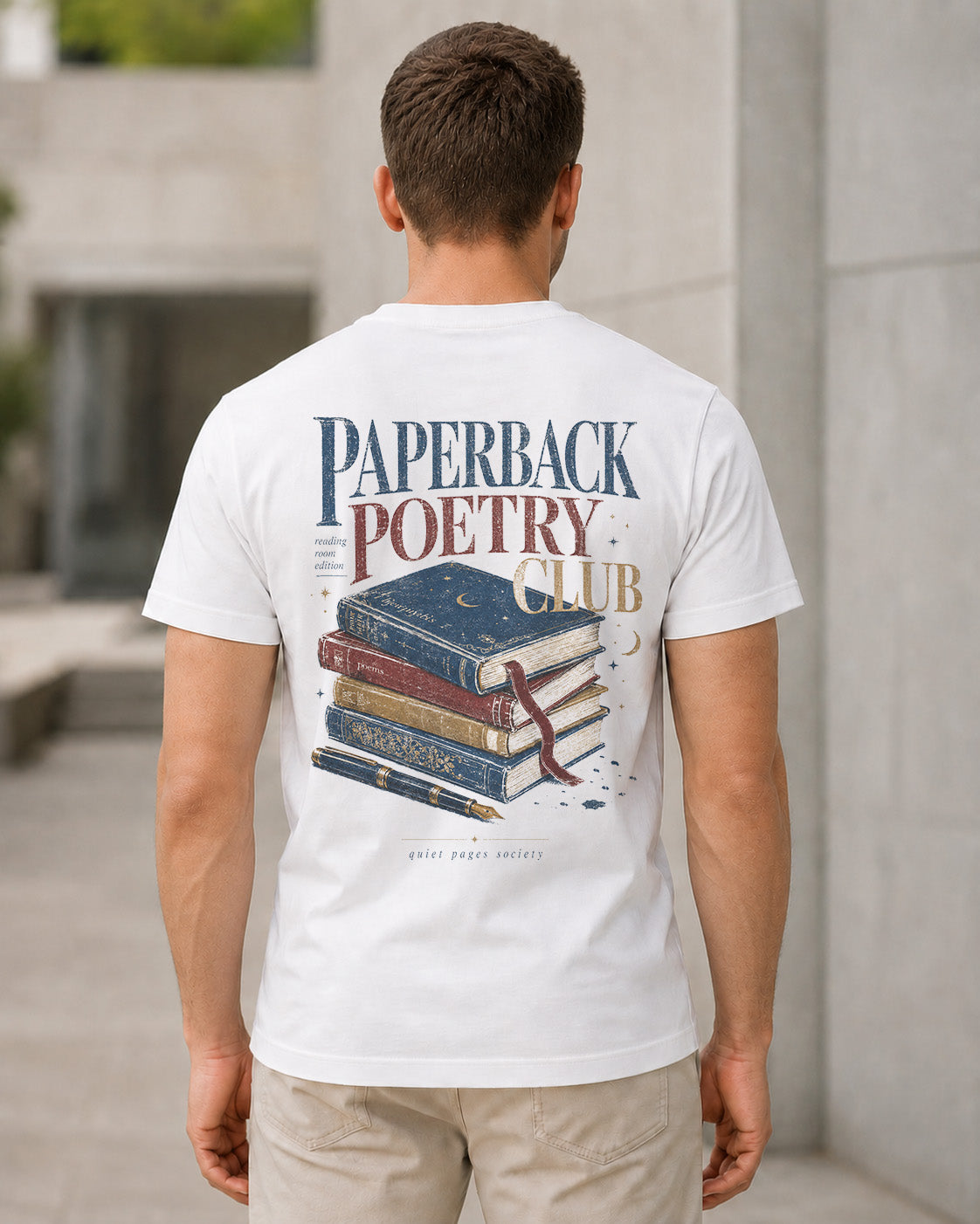 Paperback Poetry Club T-Shirt – Bio-Baumwolle Shirt Weiss, Rückenprint