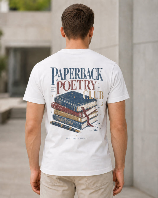 Paperback Poetry Club T-Shirt – Bio-Baumwolle Shirt Weiss, Rückenprint