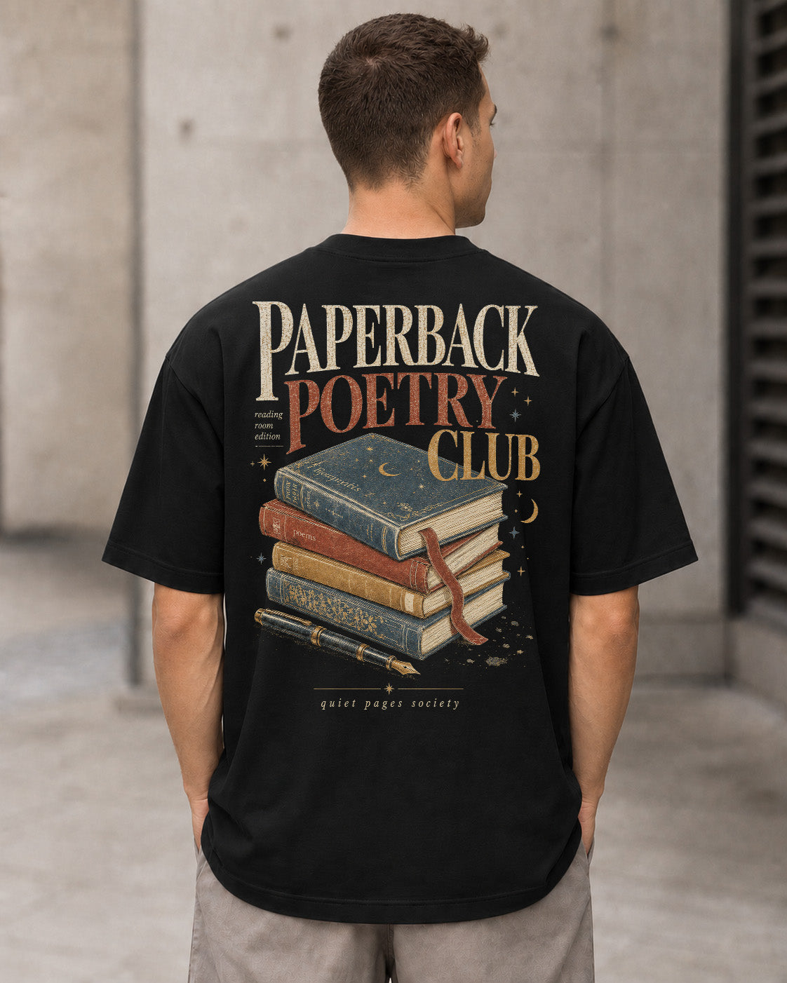 Paperback Poetry Club T-Shirt – Heavyweight Oversize Shirt Schwarz, Rückenprint