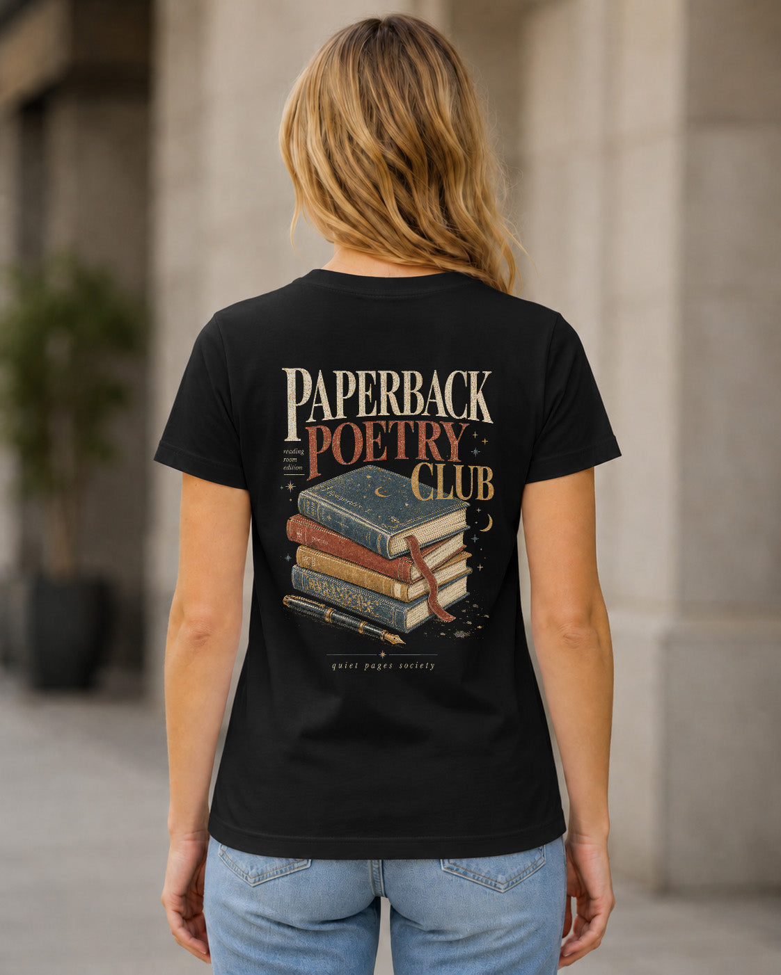 Paperback Poetry Club T-Shirt – Frauen Shirt Schwarz, Rückenprint