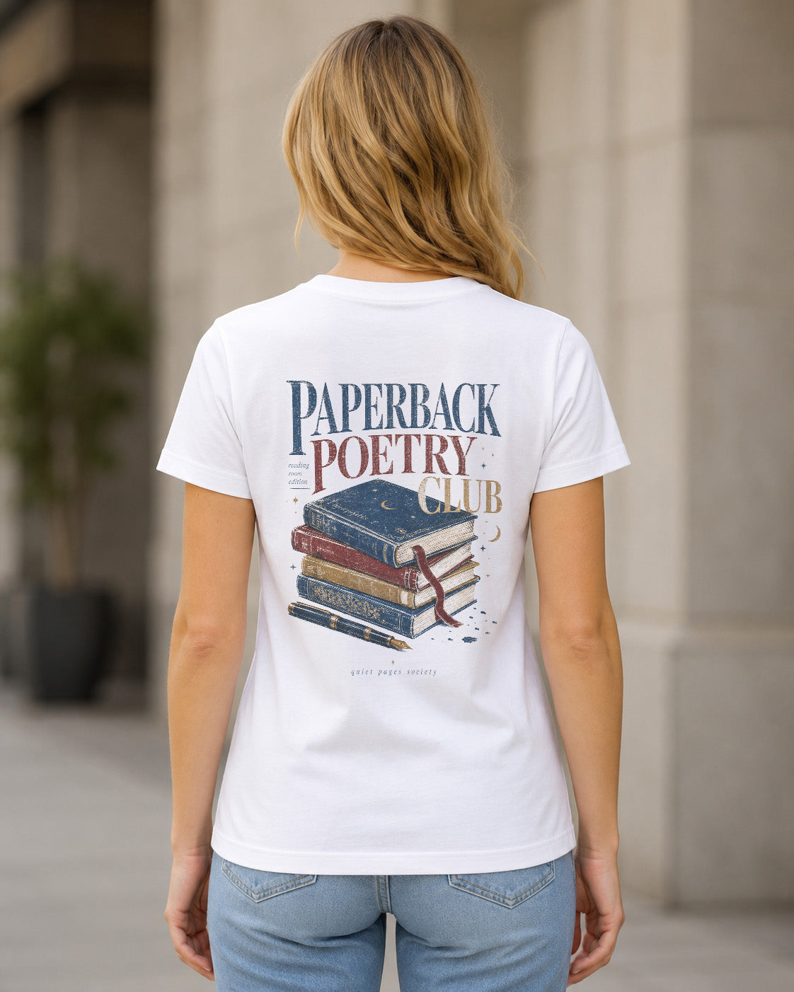 Paperback Poetry Club T-Shirt – Frauen Shirt Weiss, Rückenprint