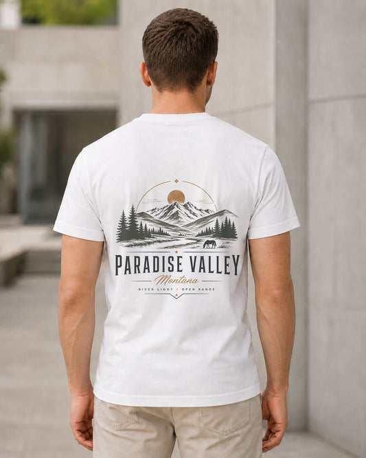 Paradise Valley T-Shirt – Bio-Baumwolle Shirt Weiss, Rückenprint