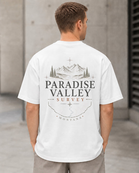 Paradise Valley Survey T-Shirt – Heavyweight Oversize Shirt Weiss, Rückenprint