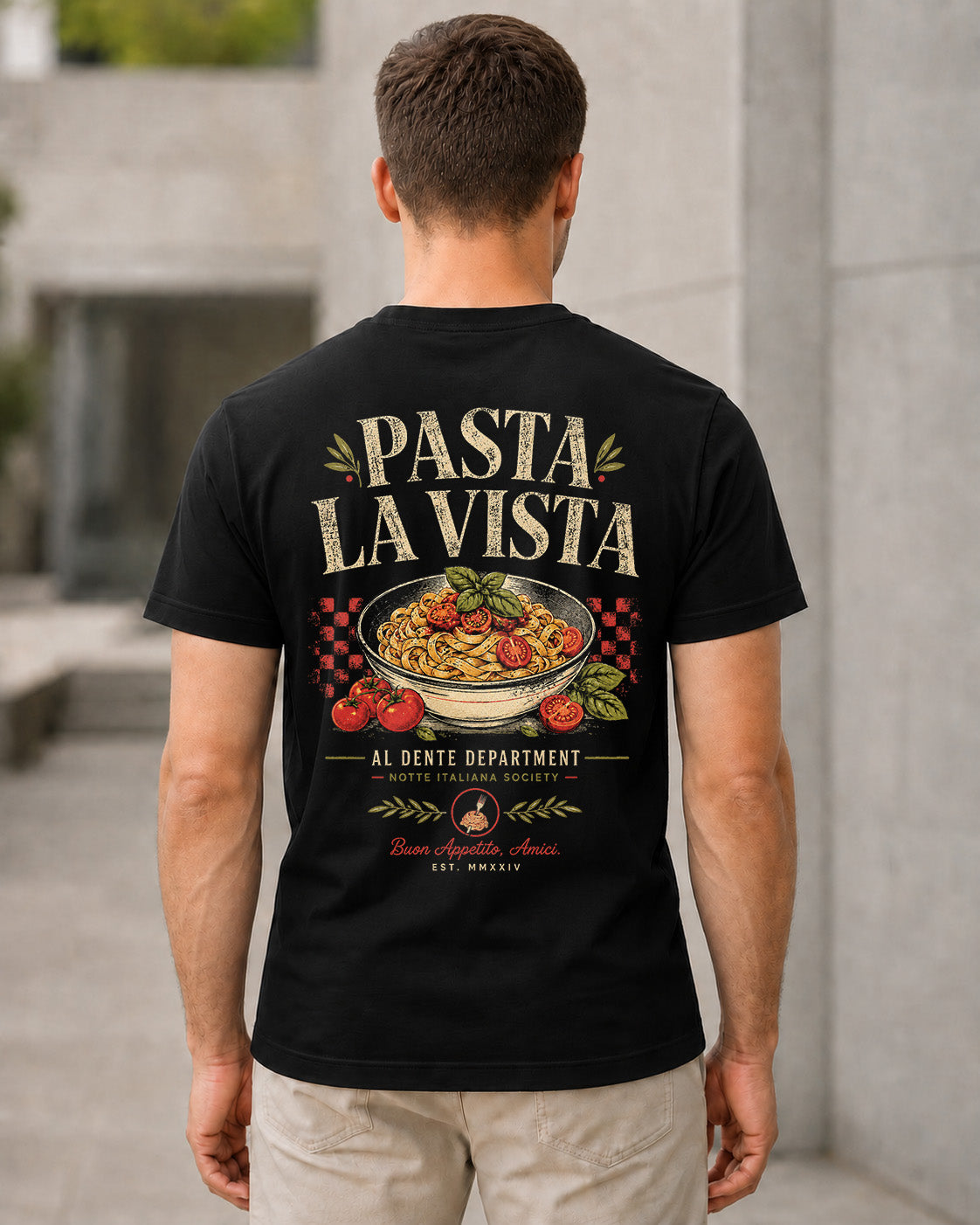 Pasta La Vista T-Shirt – Bio-Baumwolle Shirt Schwarz, Rückenprint
