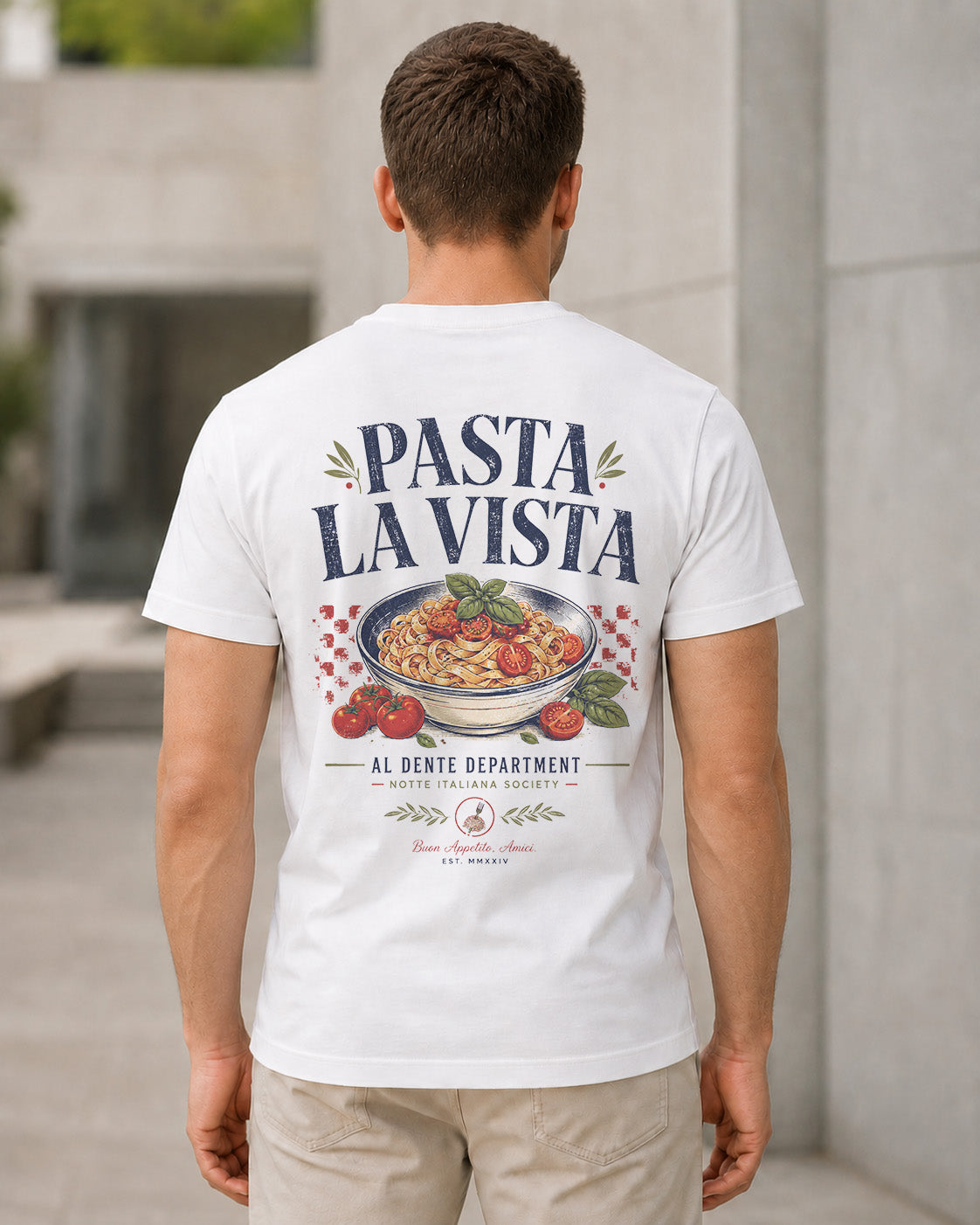 Pasta La Vista T-Shirt – Bio-Baumwolle Shirt Weiss, Rückenprint