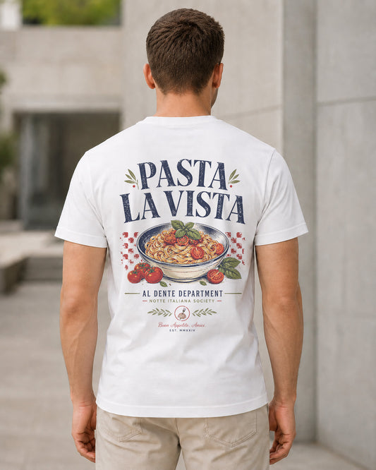 Pasta La Vista T-Shirt – Bio-Baumwolle Shirt Weiss, Rückenprint