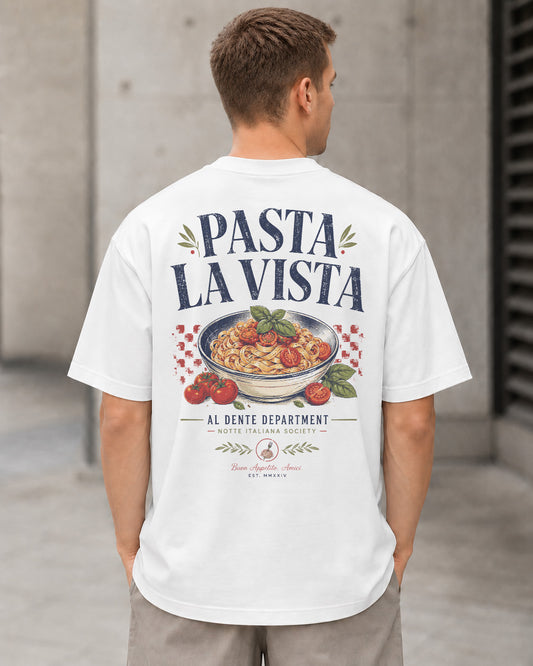 Pasta La Vista T-Shirt – Heavyweight Oversize Shirt Weiss, Rückenprint