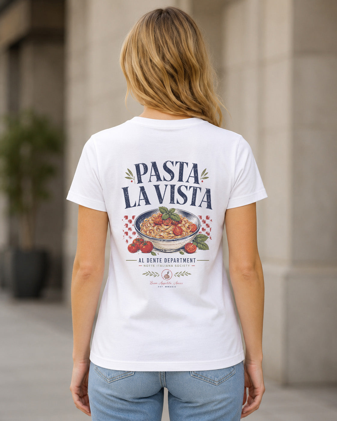 Pasta La Vista T-Shirt – Frauen Shirt Weiss, Rückenprint