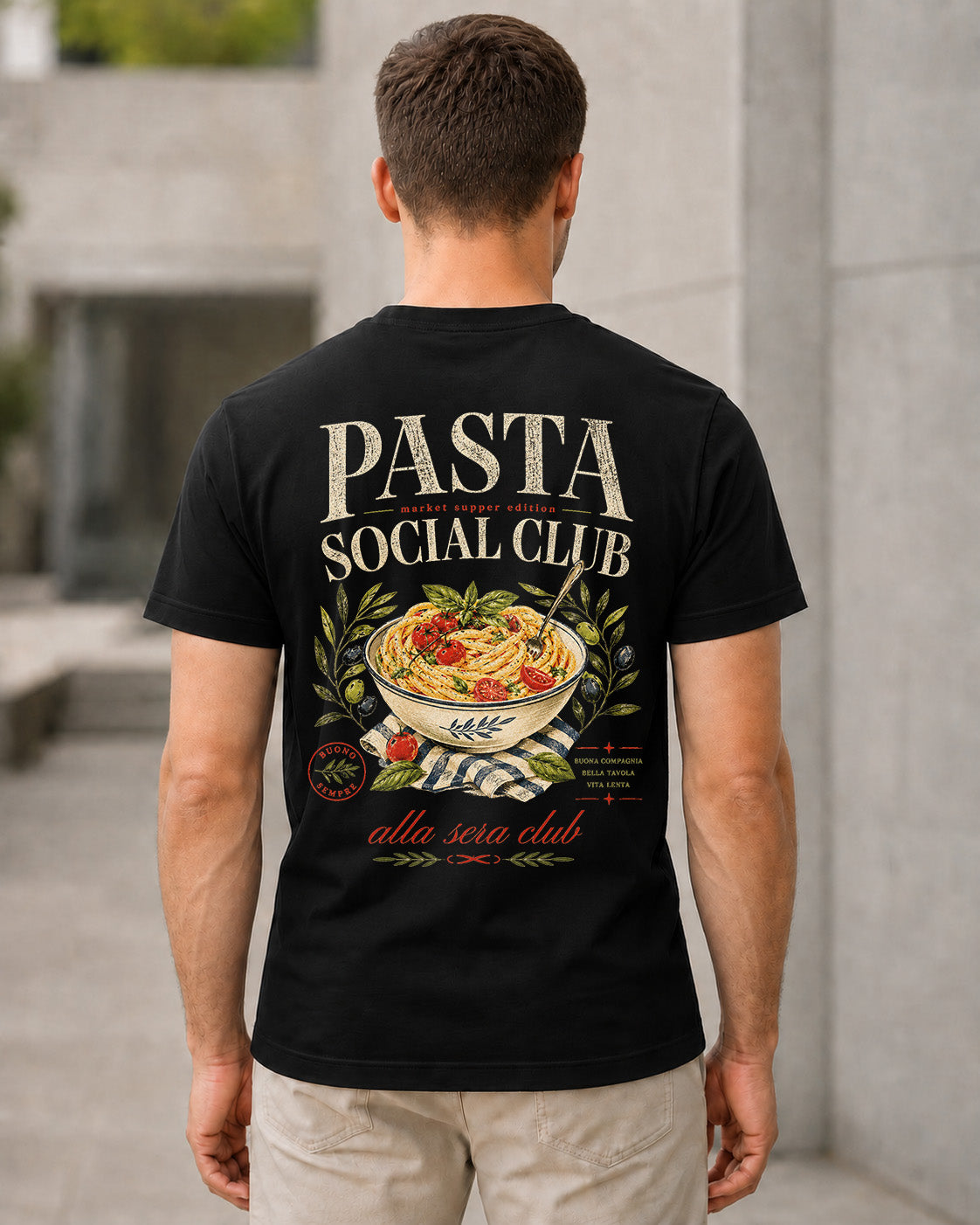 Pasta Social Club T-Shirt – Bio-Baumwolle Shirt Schwarz, Rückenprint
