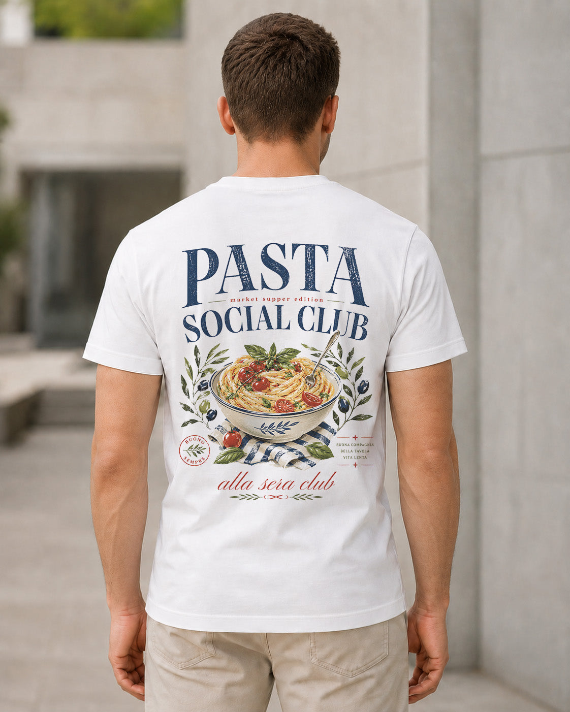 Pasta Social Club T-Shirt – Bio-Baumwolle Shirt Weiss, Rückenprint