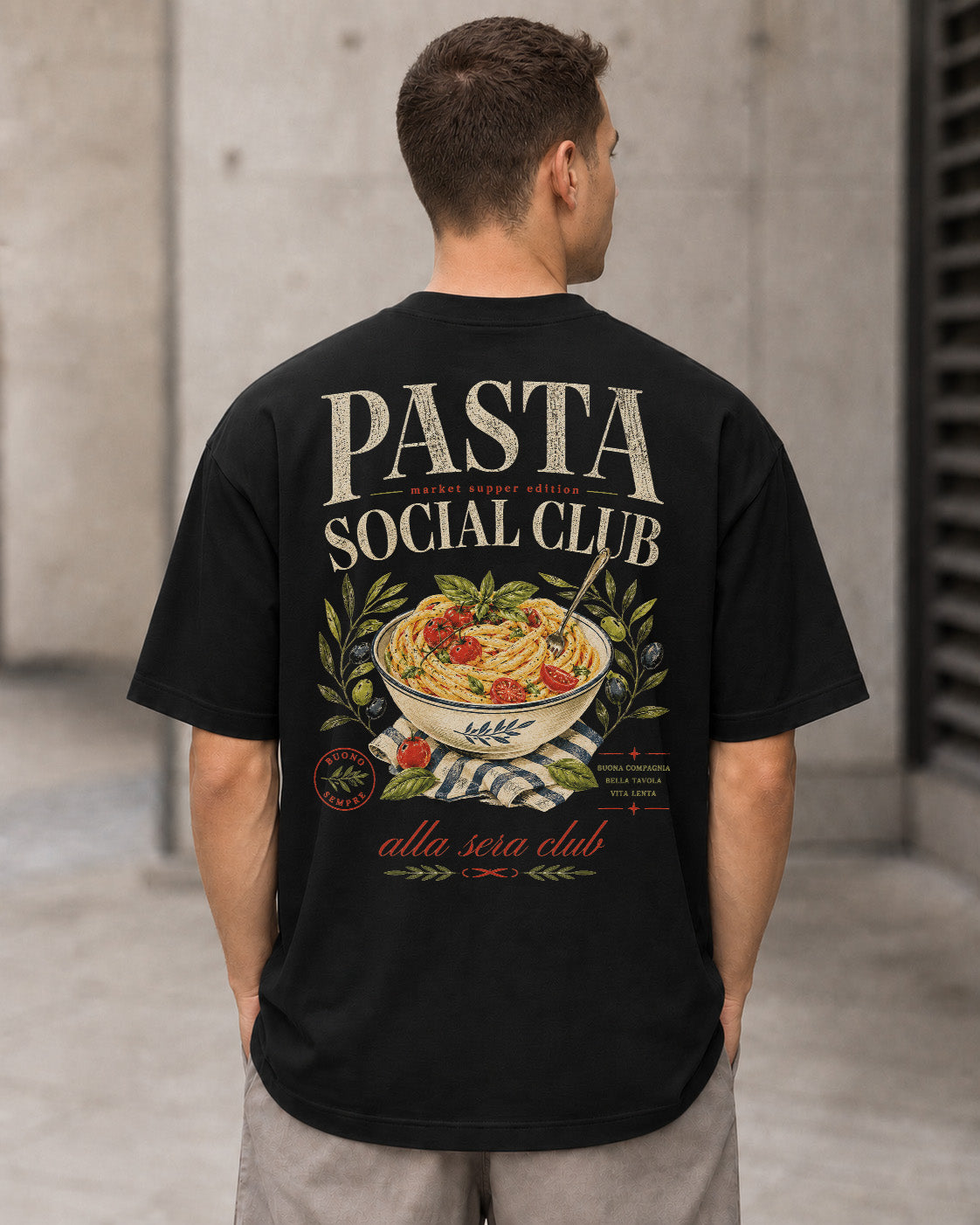 Pasta Social Club T-Shirt – Heavyweight Oversize Shirt Schwarz, Rückenprint