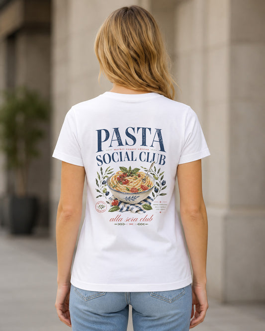 Pasta Social Club T-Shirt – Frauen Shirt Weiss, Rückenprint