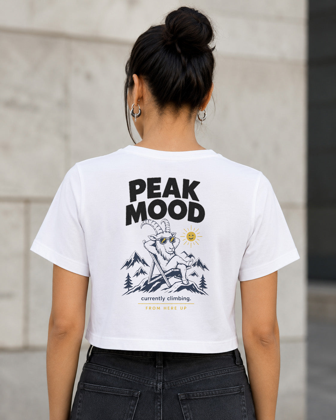 Peak Mood T-Shirt – Frauen Crop Shirt Weiss, Rückenprint